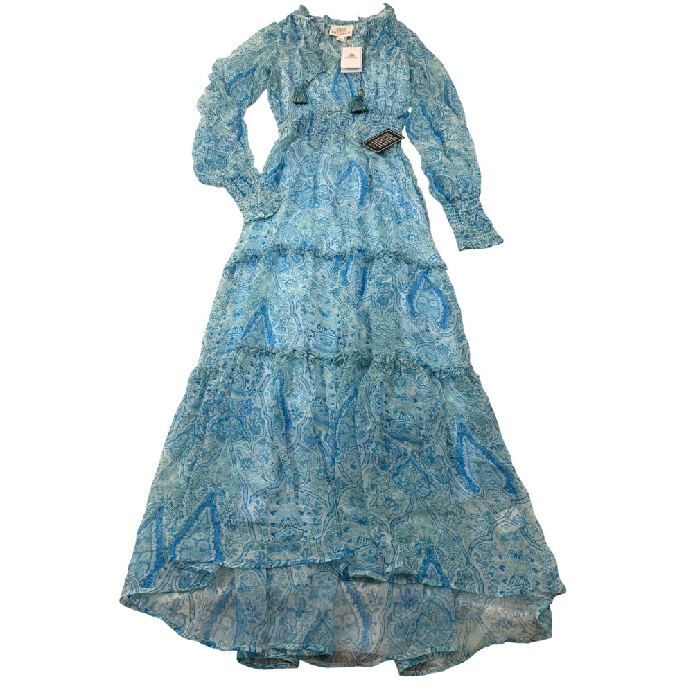 NicoBlu Blue Paisley Smocked Waist Maxi Dress Tassel V-Neck Long Sleeve Size 6